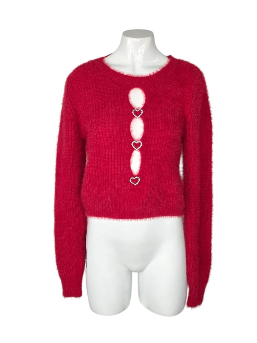 Madden Girl Long Sleeve Fluffy Rhinestone Heart Shirt, Red, Size Medium